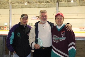 Pat Flick (centre) with original players Jim Graziano and Ryan Inwood at the 30th anniversary of Grandravine.
